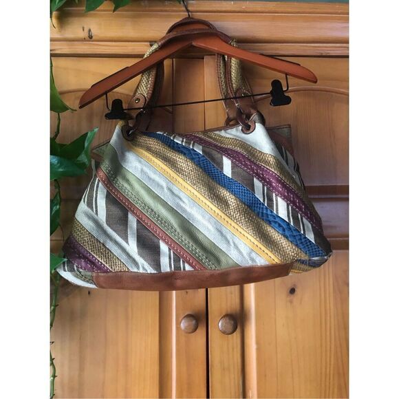 Fossil Patchwork Striped Canvas Triple Compartment Satchel - Picture 4 of 15